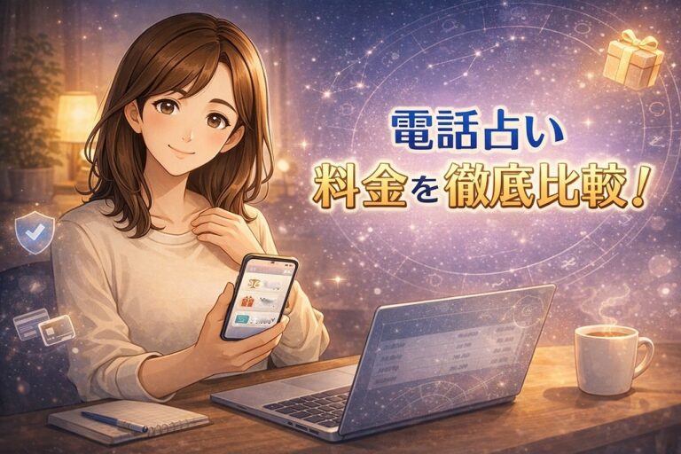電話占い料金を徹底比較する編集長・早川かなえのアイキャッチイラスト。初回特典と支払方法まで分かる安心ガイドを解説
