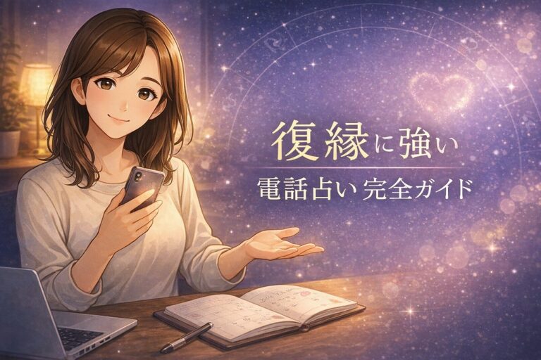 復縁に強い電話占いの活用法を解説する早川かなえのアイキャッチイラスト。スマホを手に安心した表情で、復縁成功へ向けた相談ステップと占術の特徴を紹介している画像