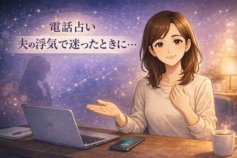 夫の浮気に悩む女性に寄り添いながら電話占いで気持ちを整理する方法を解説する早川かなえのイラスト。電話占い 夫の浮気相談で冷静な行動の順序を示すアイキャッチ画像