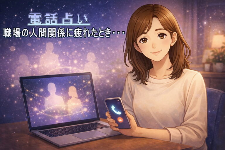 ノートパソコンとスマートフォンを前に穏やかに語りかける早川かなえのイラスト。電話占い 職場の人間関係相談で相性と未来を整理する方法を解説するアイキャッチ画像