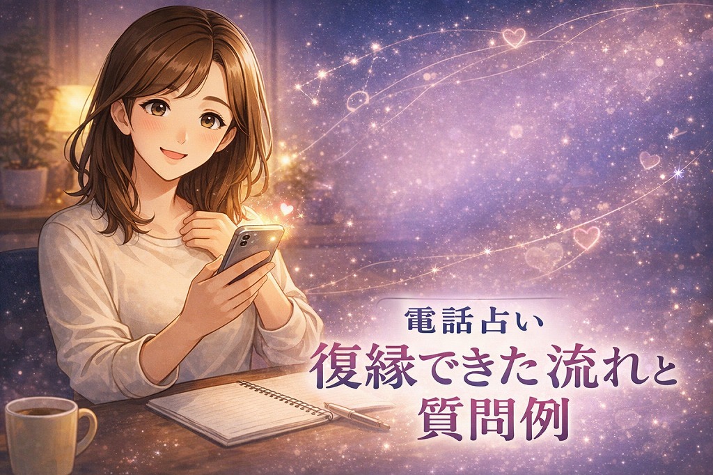 電話占いで復縁できた体験談として連絡のタイミングや質問例を整理し前向きな変化を感じている早川かなえのイラスト