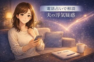 電話占いで夫の浮気疑惑を相談し離婚か再構築かの選び方を整理して決断に向かう早川かなえのイラスト