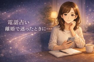 離婚で迷ったときに電話占いで確認すべきことを整理しながら考えている早川かなえのイラスト