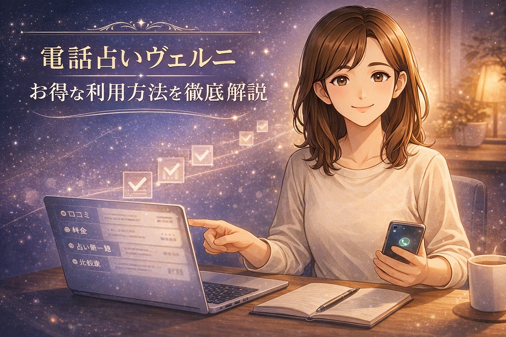 電話占いヴェルニの口コミや評判や料金や初回特典を比較しながら当たるか検証している早川かなえのイラスト