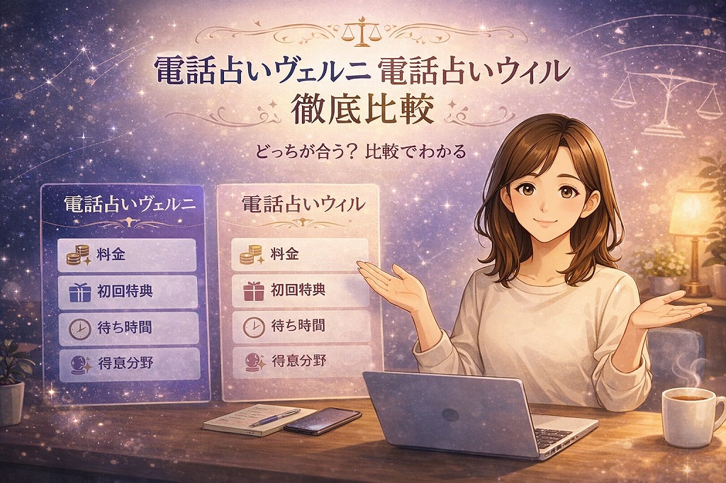 電話占いヴェルニとウィルの料金や初回特典や得意分野を比較しながら自分に合う選び方を案内する早川かなえのイラスト