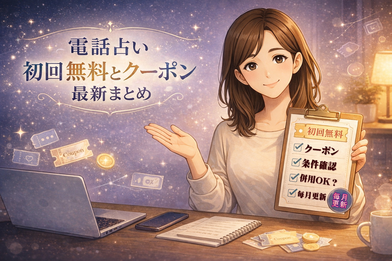 電話占いの初回無料とクーポンの使い方や適用条件や併用ルールを整理して案内する早川かなえのイラスト