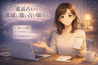 電話占いで復縁相談に強い占い師の選び方を、音信不通やブロックの悩みに寄り添いながら整理している早川かなえのイラスト