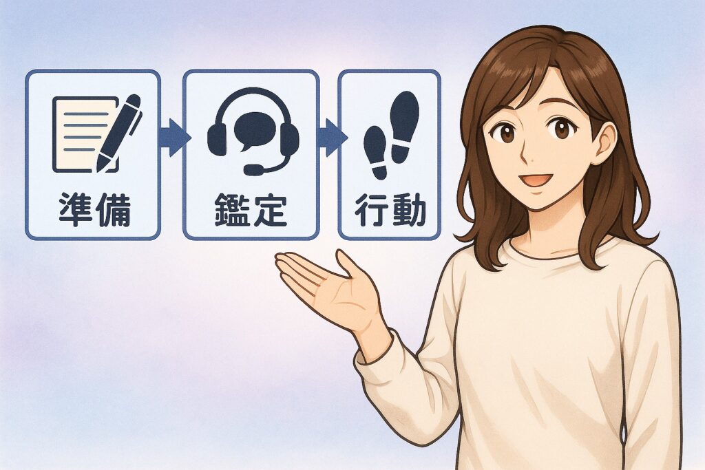 電話占いの復縁相談で準備から鑑定後の行動までの流れをフローパネルで解説する早川かなえのイラスト