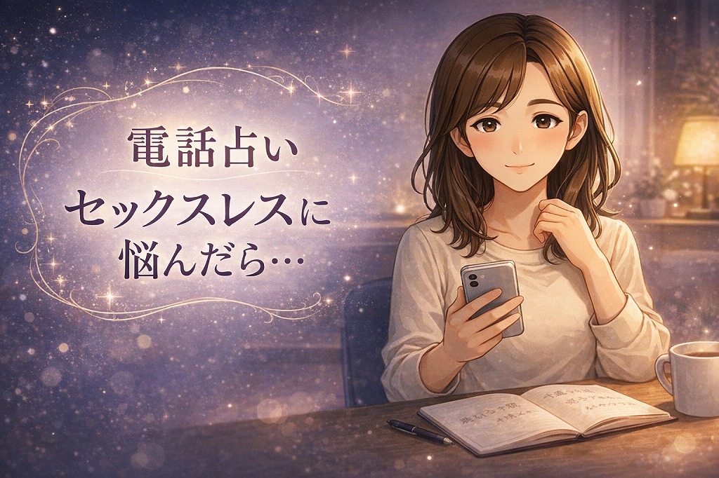 セックスレスに悩みながら電話占いで原因の見立てと打開策を整理している早川かなえのイラスト