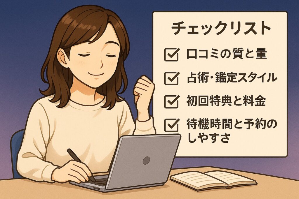 電話占いで復縁相談に強い占い師を見極めるためのチェックリストをまとめた図解イラスト