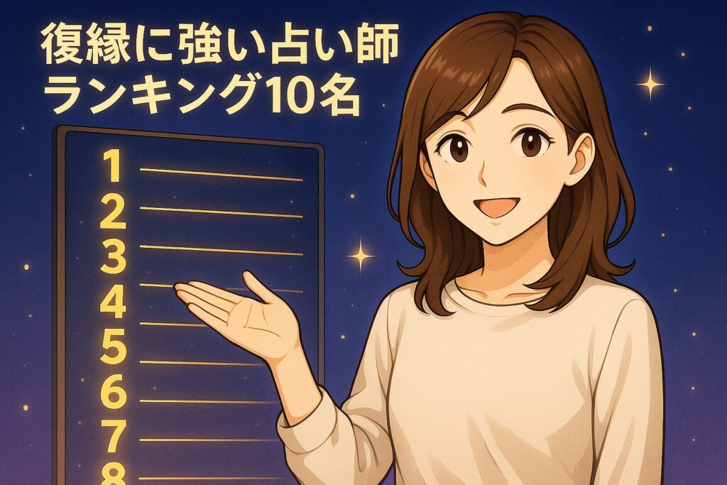 復縁に強い占い師ランキング10名の比較一覧を背におすすめ相談テーマを紹介する早川かなえのイラスト