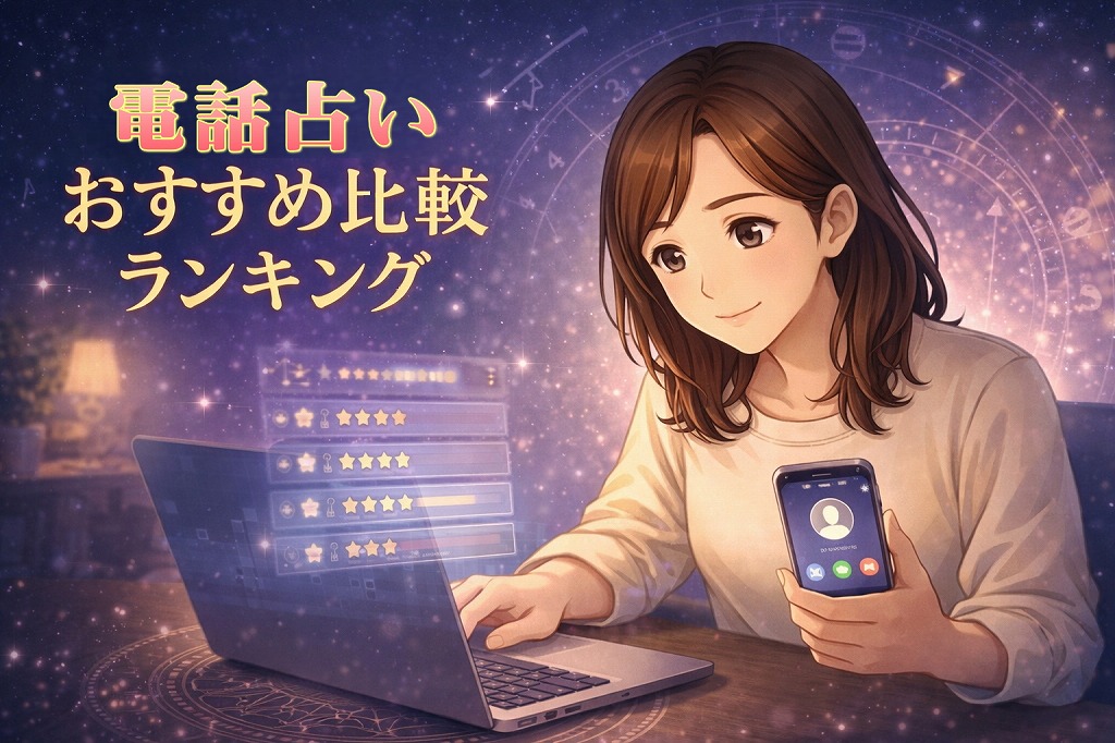 電話占いおすすめ比較ランキングを調べながら料金や初回特典を確認し失敗しない選び方を考える早川かなえのイラスト