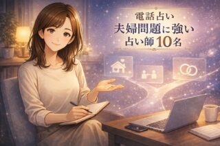 夫婦問題で再構築か離婚かを迷う夜に電話占いで相談しながら比較と選び方を整理している早川かなえのイラスト
