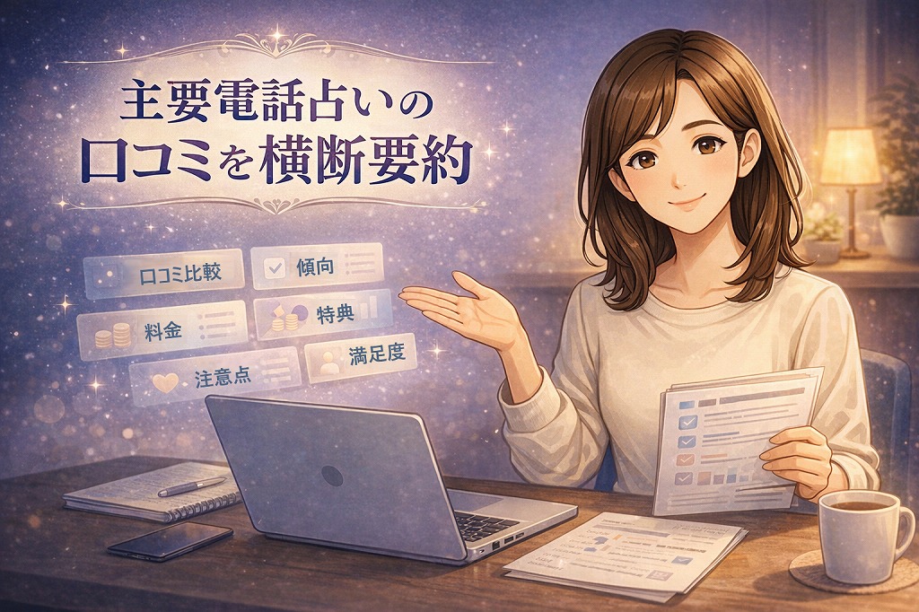主要電話占いの口コミを比較しながら良い悪い傾向や注意点を整理している早川かなえのイラスト