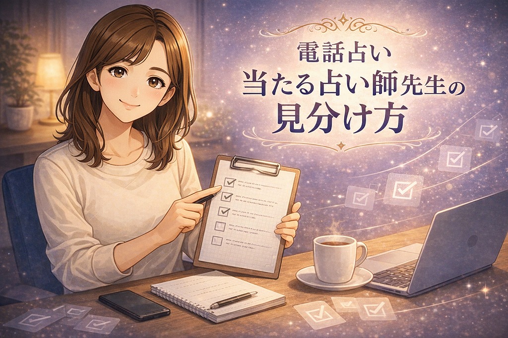 電話占いで当たる占い師の見分け方やNGサインをチェックリストで整理しながら初回相談の準備をしている早川かなえのイラスト