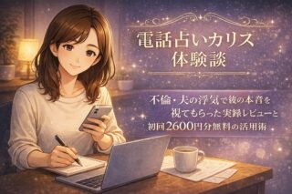 電話占いカリスの体験談として、不倫や夫の浮気の悩みを整理しながら彼の本音や相談の進め方を確認する早川かなえのイラスト