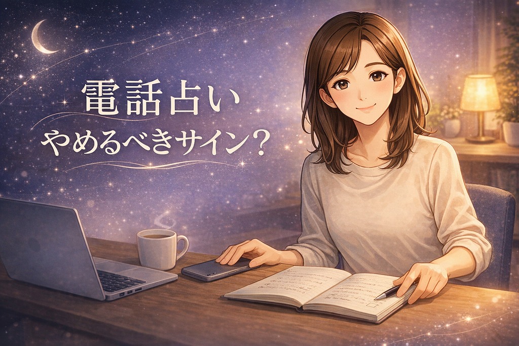 電話占い相談をやめるべきか迷いながらスマホを置いてチェックリストを見直す早川かなえのイラスト