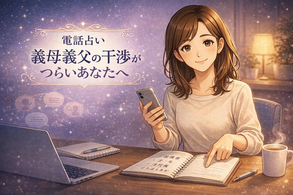 義母や義父の干渉に悩みながら電話占いで境界線と伝え方を整理している早川かなえのイラスト