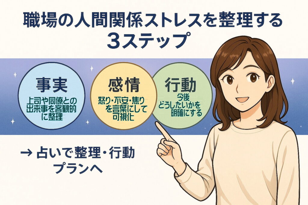 職場の人間関係ストレスを事実と感情と行動に分けて整理し占い相談で行動プランにつなげる図解イラスト