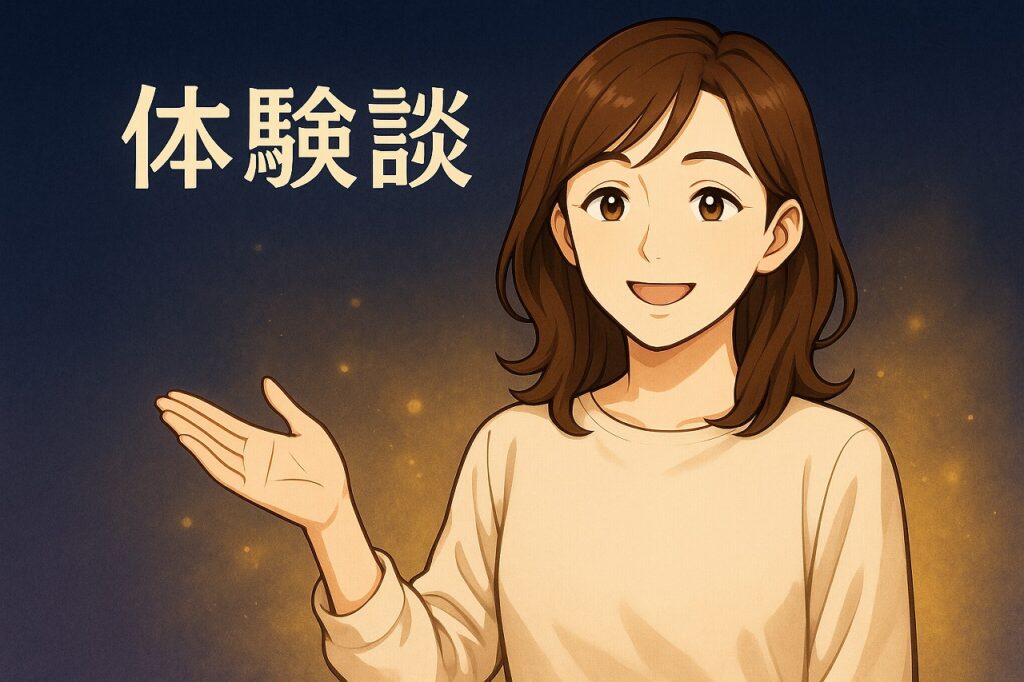 家庭内別居から前向きに変化できた女性の体験談を笑顔で紹介する早川かなえのイラスト