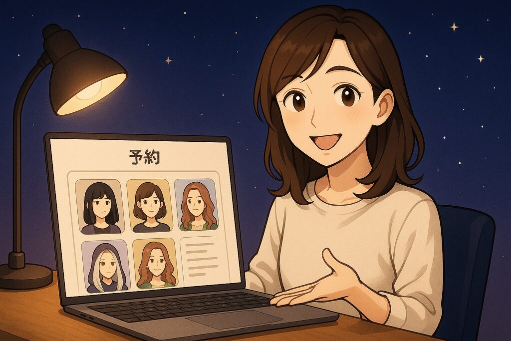 仕事や人間関係の悩みを深夜や即時OKで予約相談するコツをノートPC画面で案内する早川かなえのイラスト