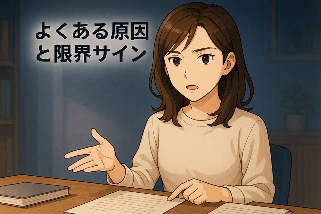 家庭内別居のよくある原因と限界サインについて暗めの部屋で真剣に解説する早川かなえのイラスト
