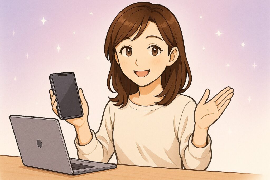 仕事の電話占い相談で鑑定中の聞き方や時間配分をスマホとノートPCを使って解説する早川かなえのイラスト