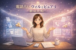 電話占いウィルとピュアリの違いを料金や特典や在籍数などで比較しながら選び方を整理している早川かなえのイラスト