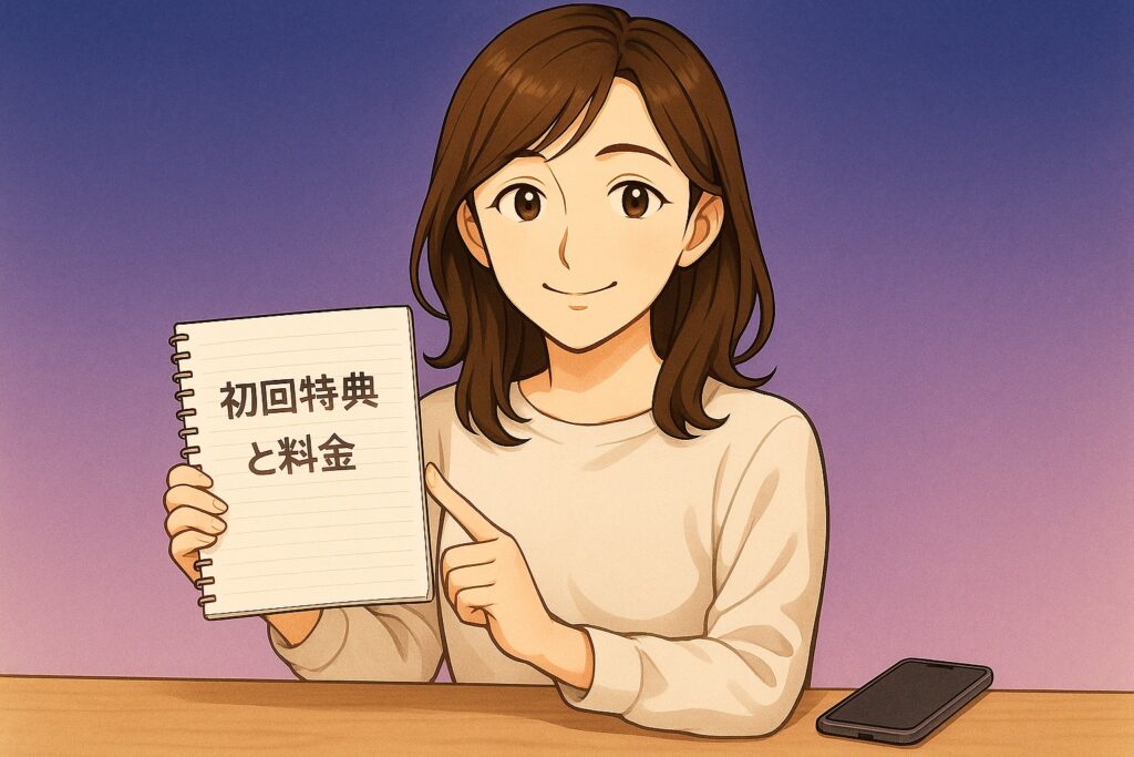 電話占いステラコールの初回特典と料金のポイントをノートで示しながら解説する早川かなえのイラスト