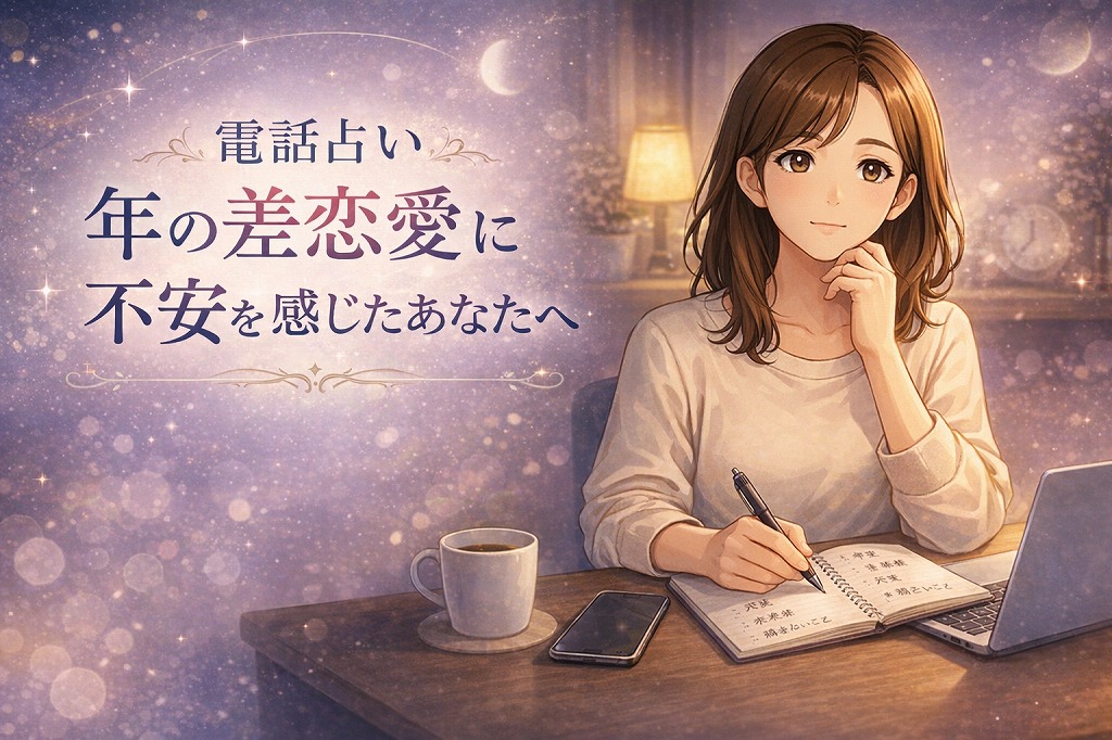 年の差恋愛に不安を感じたときに将来や価値観のズレを整理しながら電話占いで聞くことを考える早川かなえのイラスト