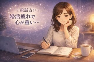 婚活疲れで心が重いときに相性や原因を電話占いで整理する方法をノートとスマホで考える早川かなえのイラスト