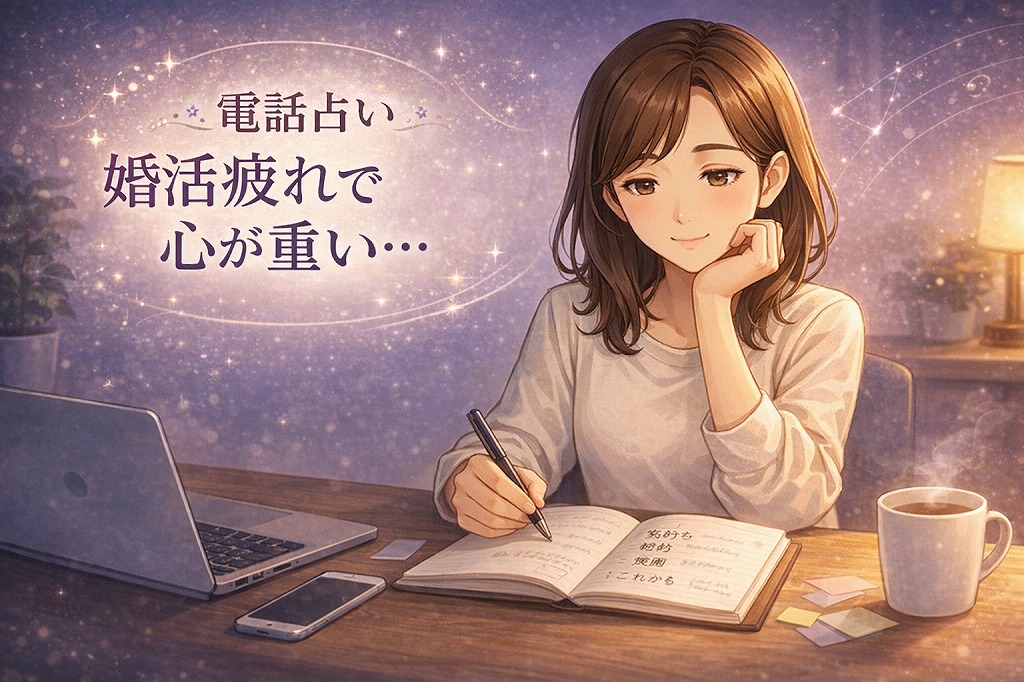 婚活疲れで心が重いときに相性や原因を電話占いで整理する方法をノートとスマホで考える早川かなえのイラスト