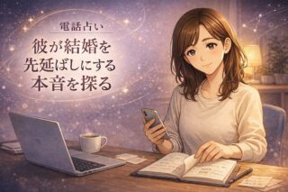 彼が結婚を先延ばしにする本音や相性と将来計画を電話占いで整理するためにスマホとノートで考える早川かなえのイラスト