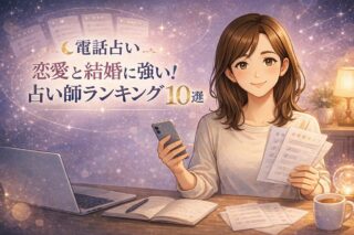 恋愛と結婚に強い電話占いの当たる占い師ランキングや口コミ比較をもとに、初回特典で賢く指名する方法を案内する早川かなえのイラスト