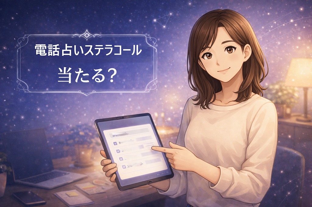 電話占いステラコールの初回特典や料金システム得意分野を比較しながらやさしく解説している早川かなえのイラスト