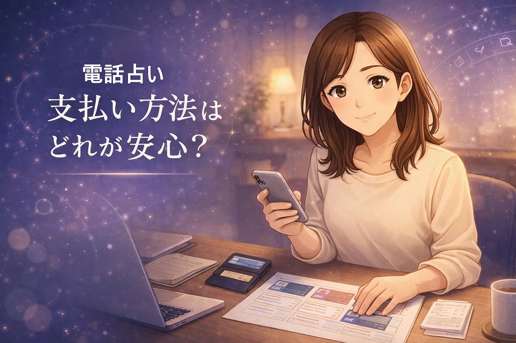 電話占いの支払い方法を比較しながらクレジットカード後払いコンビニ払いキャリア決済の違いを整理している早川かなえのイラスト