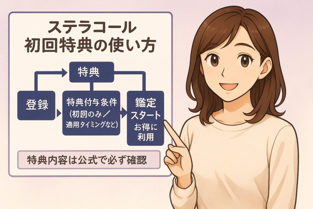 電話占いステラコールの初回特典の内容や適用条件を図解で整理しながら確認できる早川かなえのイラスト