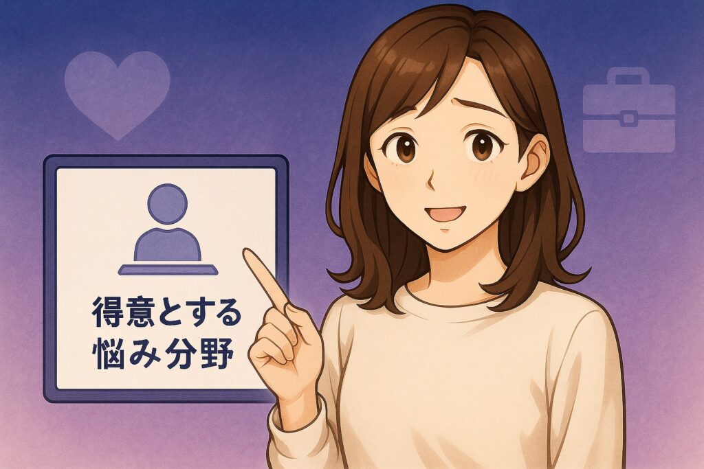 電話占いステラコールが得意とする悩み分野や当たる占い師の選び方をパネルで解説する早川かなえのイラスト