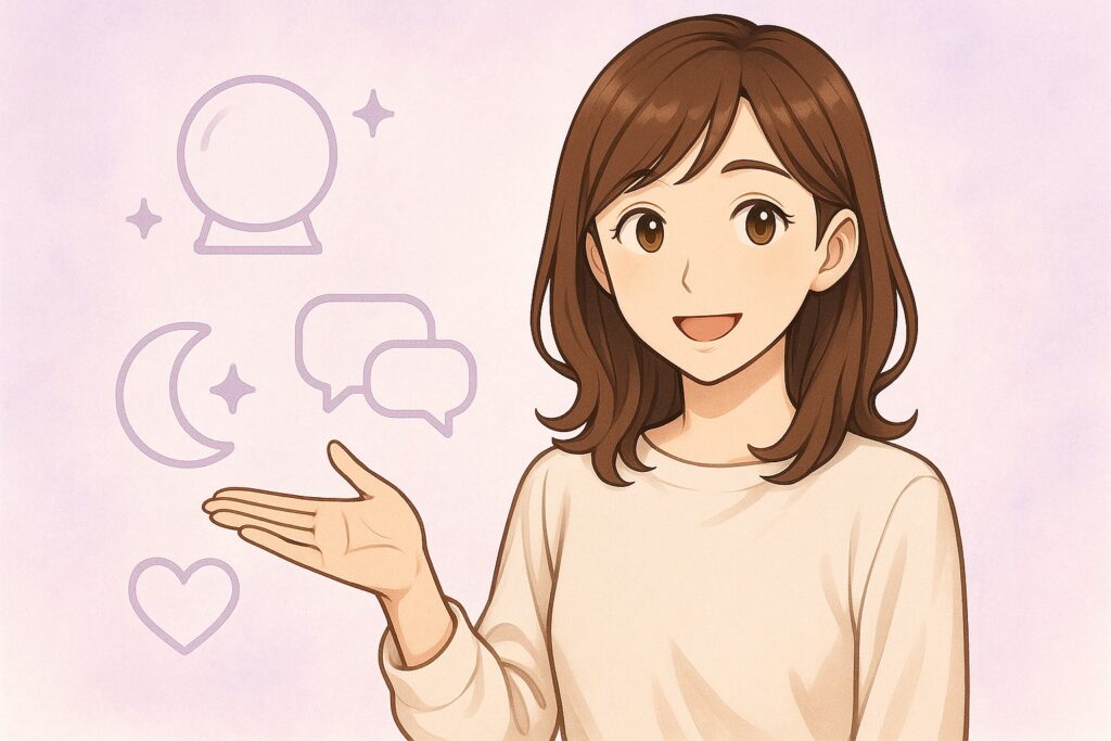 電話占いステラコールの基本情報やサービスの強みを笑顔で分かりやすく案内する早川かなえのイラスト