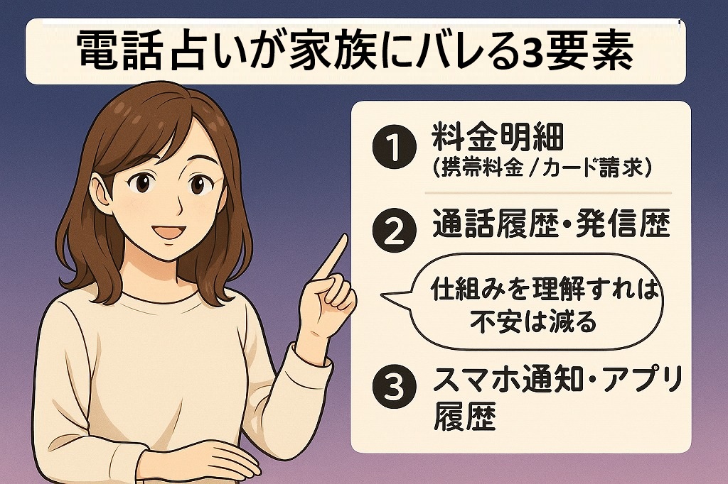 電話占いが家族にバレる原因を、料金明細・通話履歴・スマホ通知の3要素で整理した図解イラスト