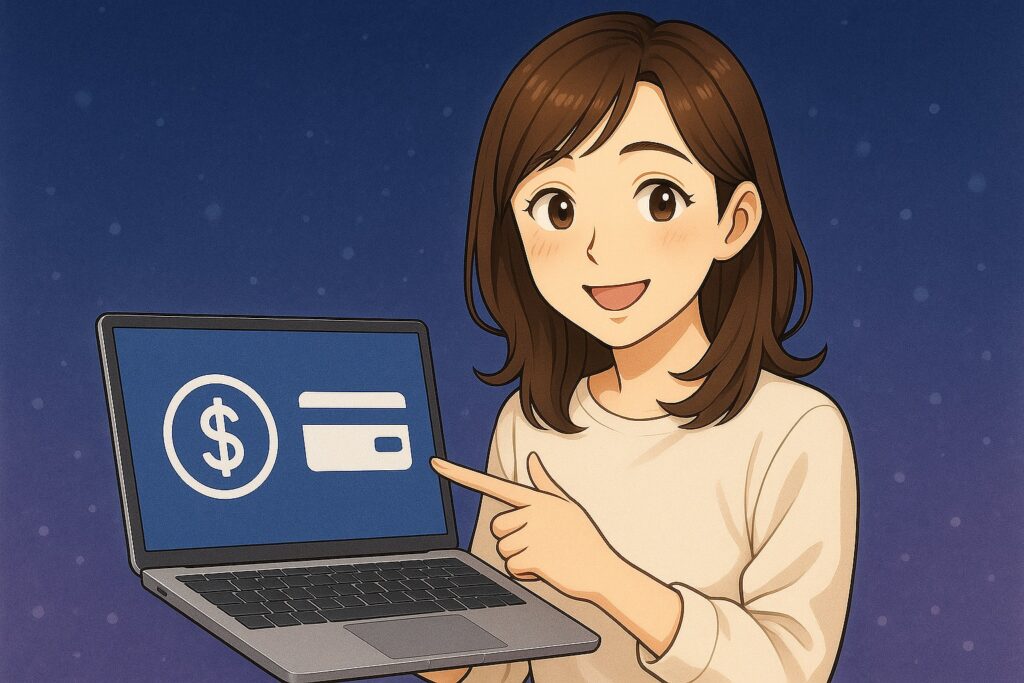 電話占いステラコールの料金システムと支払い方法をノートPC画面を見せながら解説する早川かなえのイラスト