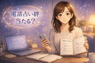 電話占い絆の初回特典や料金特徴を比較しながら、安心して選ぶポイントをやさしく案内する早川かなえのイラスト