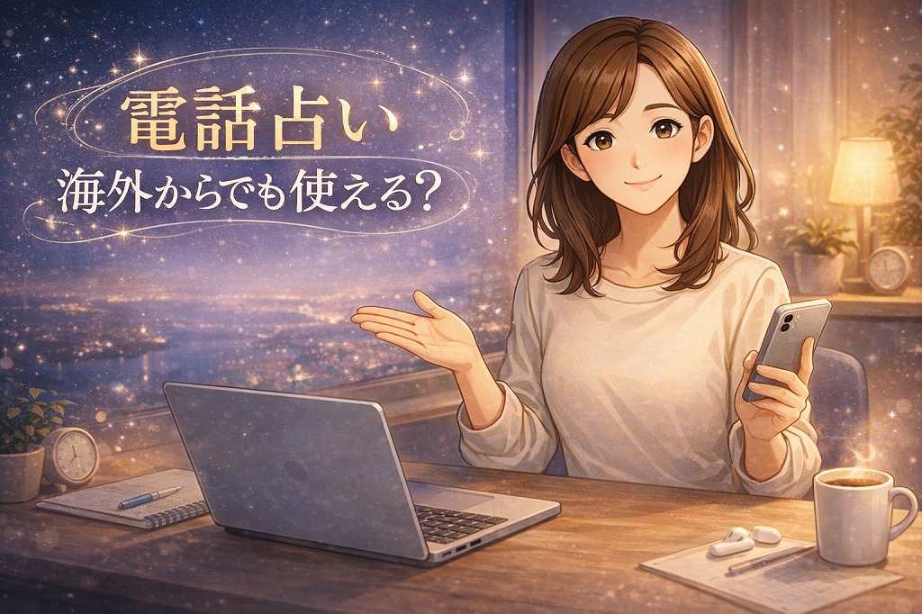 海外在住でも日本の電話占いを使えるか確認しながら通話料をムダにしないアプリ選びと安全な始め方を解説する早川かなえのイラスト