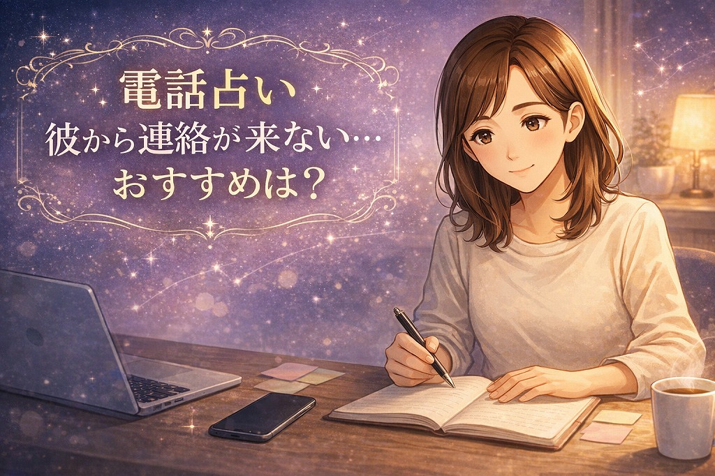 音信不通で彼から連絡が来ない不安を整理しながら、音信不通に強い電話占いの比較や質問テンプレを確認する早川かなえのイラスト