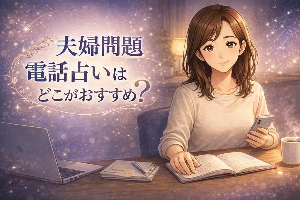 夫婦問題や家庭内別居、セックスレスの悩みを整理しながら電話占いの選び方をやさしく案内する早川かなえのイラスト