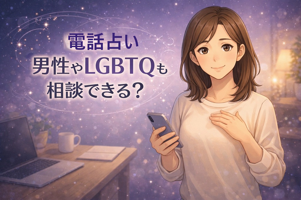 電話占いで男性やLGBTQが安心して悩みを話せる受け入れ体制のあるサービスや相談テーマをやさしく解説している早川かなえのイラスト
