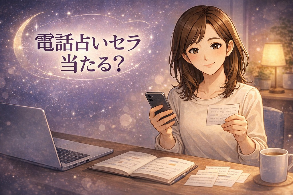 電話占いセラの初回特典や料金や恋愛に強い特徴をスマホとメモで確認しながらやさしく解説する早川かなえのイラスト