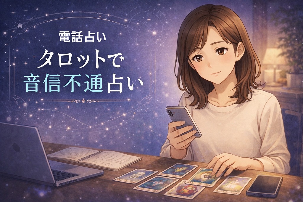 タロットで連絡は来るかいつ来るかを占いながら音信不通の相手の気持ちを整理し電話占いで失敗しない質問を考える早川かなえのイラスト