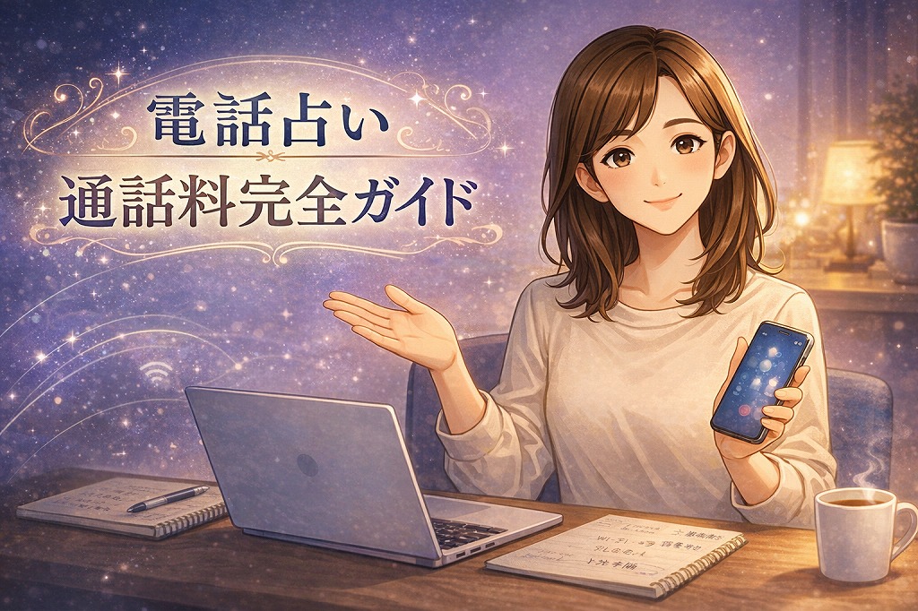 電話占いの通話料の仕組みやWi-Fi利用時の料金と総額計算をスマホとノートPCで整理しながら解説する早川かなえのイラスト