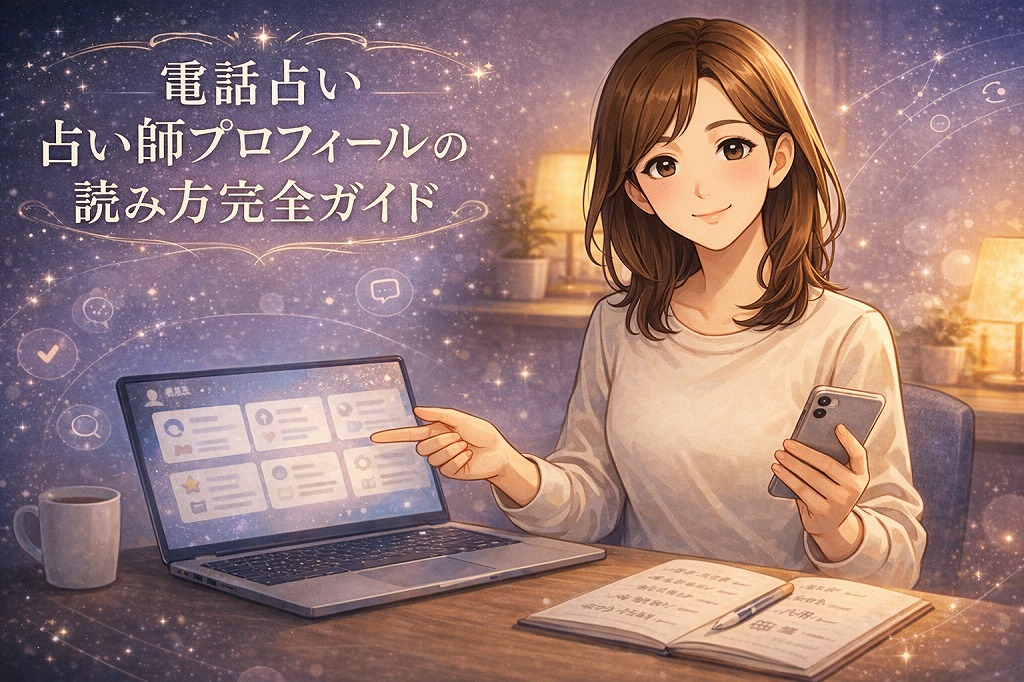 電話占いの占い師プロフィールの読み方を理解するためにスマホとノートPCで得意分野や占術や料金を比較しながら確認する早川かなえのイラスト